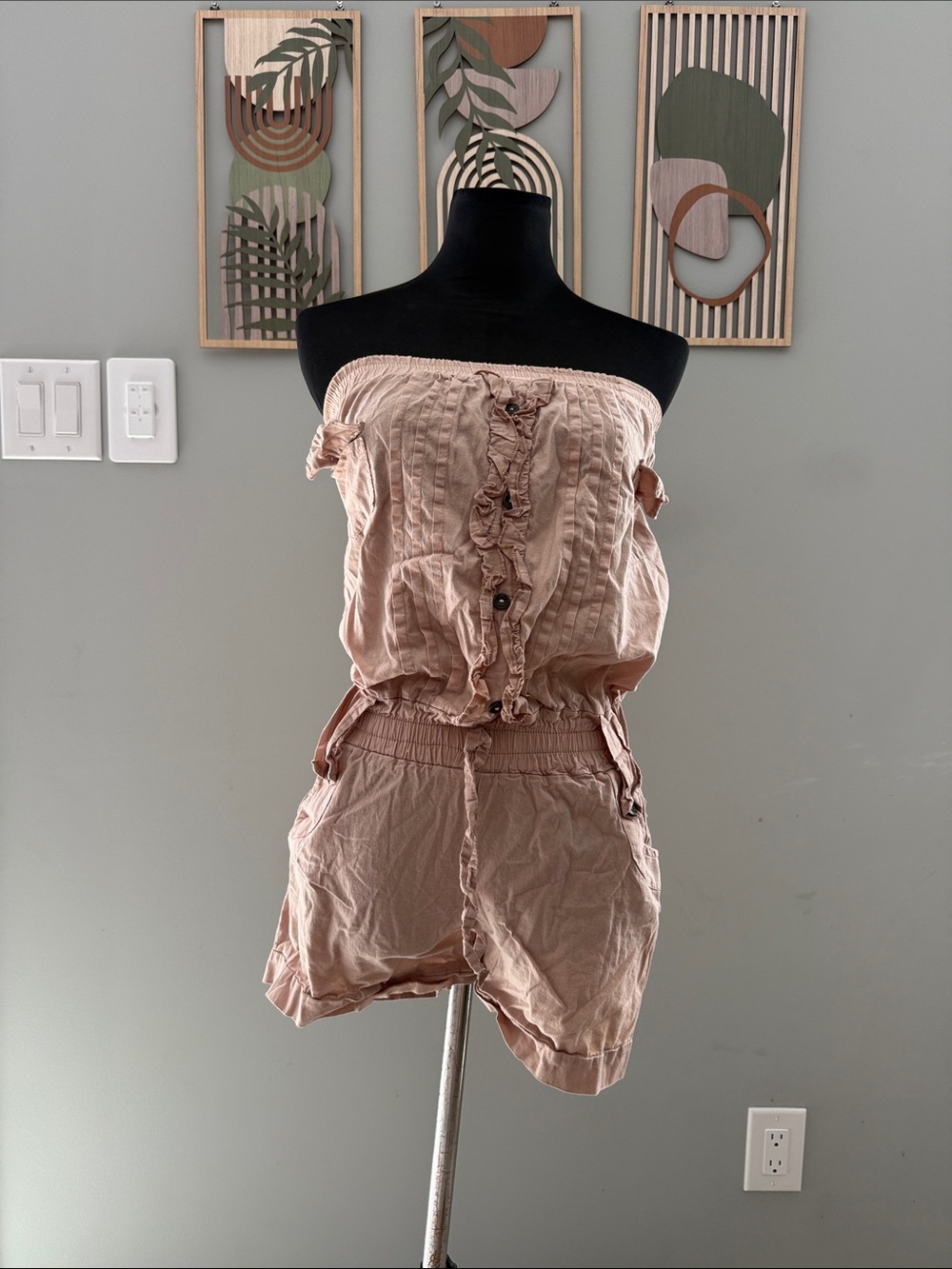 Strapless Blush Pink Romper with Ruffle Front Detail